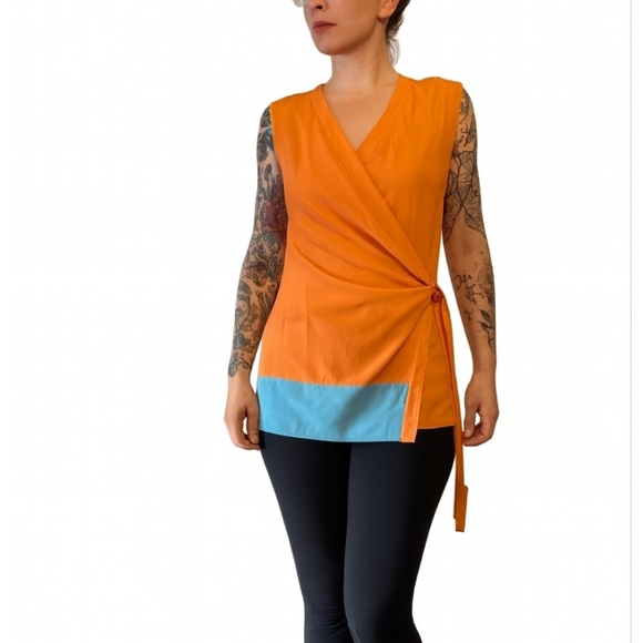 Diane Von Furstenberg Tops - Diane von Furstenberg (DVF) Orange with Teal AcceSleeveless Silk Wrap Top Size 8